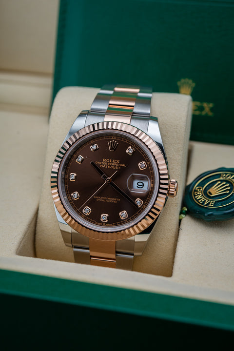 Brand New Rolex Datejust 41 – Chocolate Dial with Diamond Markers – Oyster Bracelet – Ref. 126331 – Complete Set