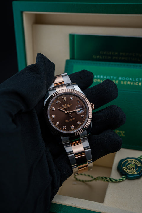 Brand New Rolex Datejust 41 – Chocolate Dial with Diamond Markers – Oyster Bracelet – Ref. 126331 – Complete Set