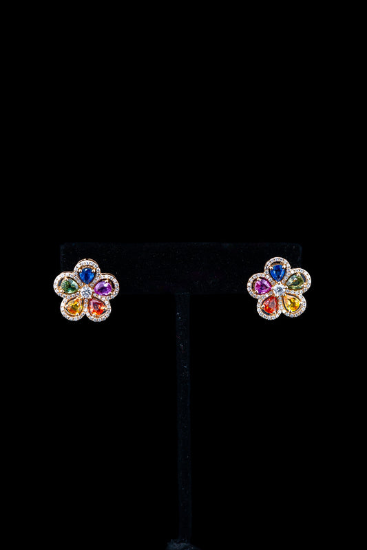 14K Yellow Gold Colored Sapphire & Diamond Flower Stud Earrings – 3.62ct Sapphire / 0.79ct Diamonds
