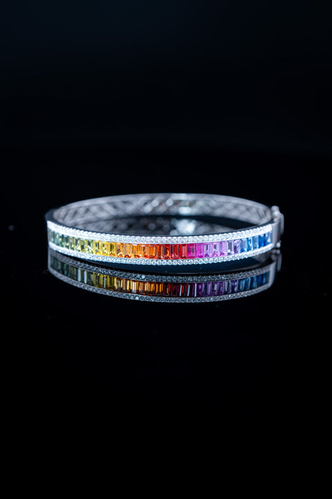 14K White Gold Rainbow Sapphire & Diamond Bangle – 4.73ct Sapphires / 0.88ctw Natural Diamonds