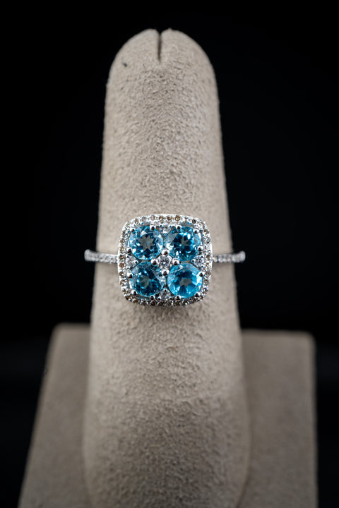 14K White Gold Light Blue Topaz & Diamond Flower Ring Size 7