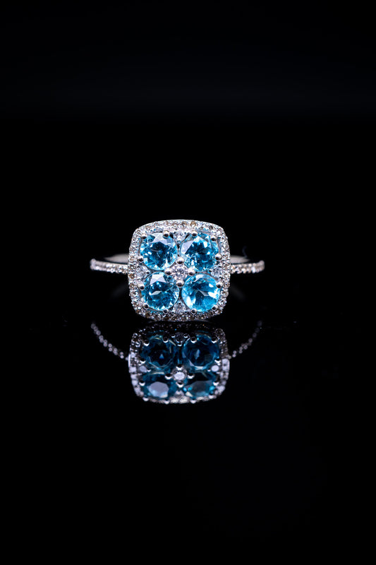 14K White Gold Light Blue Topaz & Diamond Flower Ring, 0.25 CTW, Size 7