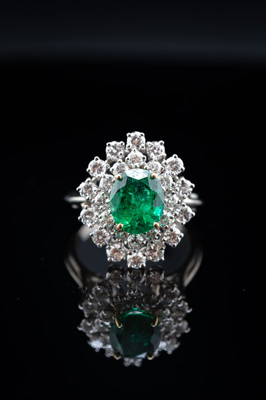 Natural Emerald Diamond Cluster Ring, 14K White Gold, Size 8.75, 7.5 Grams