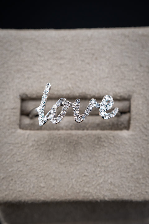 14K White Gold Love Script Diamond Pavé Ring, 0.15 CTW, Size 7