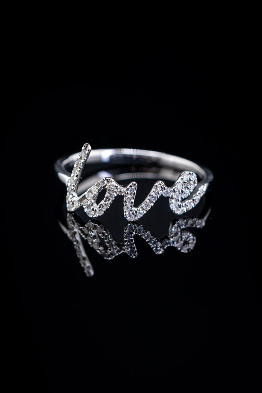 14K White Gold Love Script Diamond Pavé Ring, 0.15 CTW, Size 7