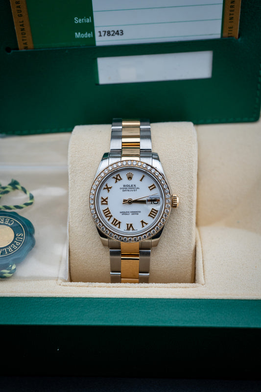 Rolex Datejust 31mm Two-Tone White Roman Dial – Aftermarket Natural Diamond Bezel – Mint Complete Set