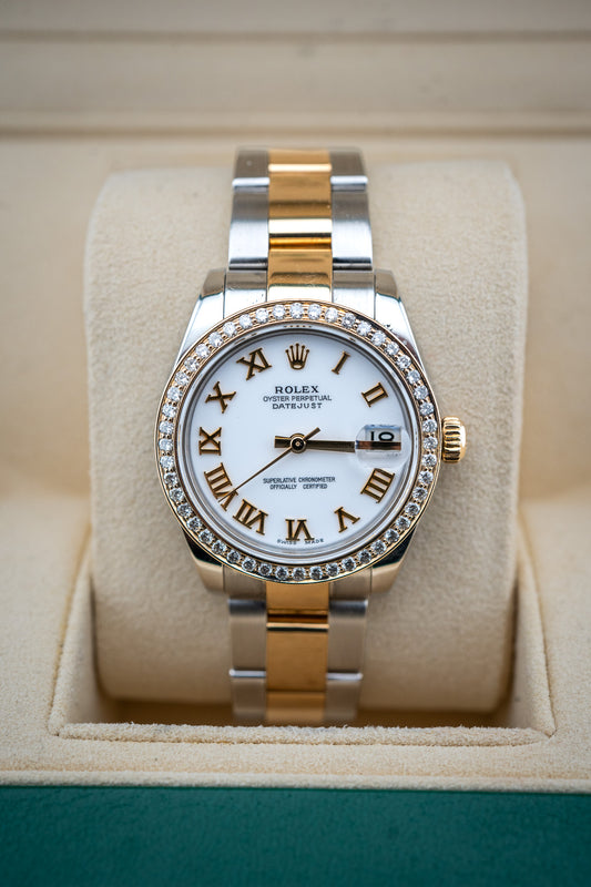 Rolex Datejust 31mm Two-Tone White Roman Dial – Aftermarket Natural Diamond Bezel – Mint Complete Set