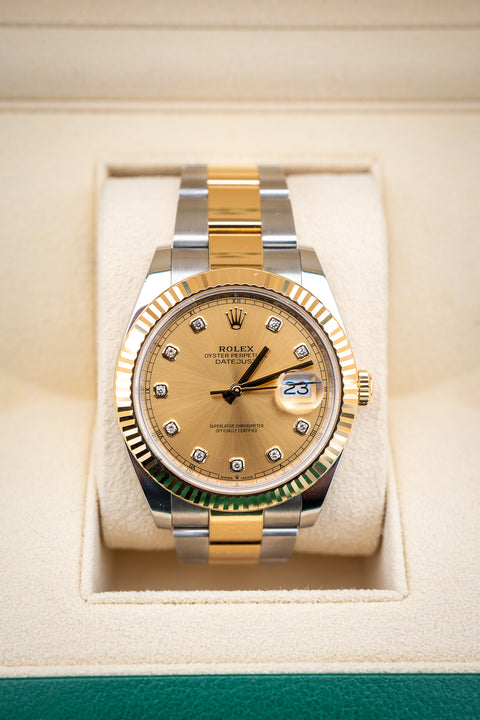2024 Rolex Datejust 41 – Champagne Dial with Diamond Markers – Ref. 126333 – Two-Tone – Pre-Owned Complete Set