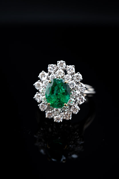 Natural Emerald Diamond Cluster Ring, 14K White Gold, Size 8.75, 7.5 Grams