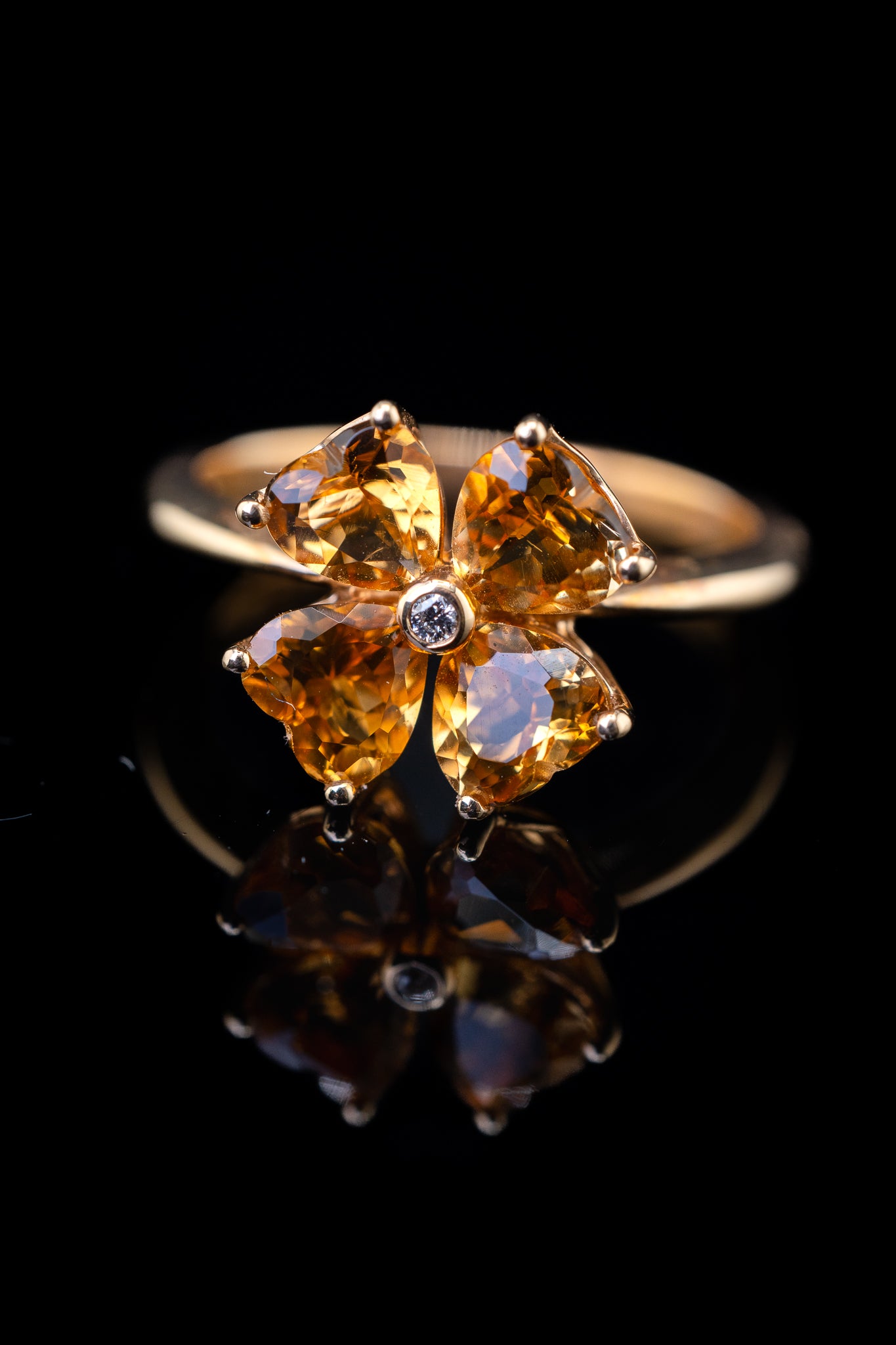 14K Yellow Gold Citrine & Diamond Flower Ring, 0.001 CTW, Size 6.25