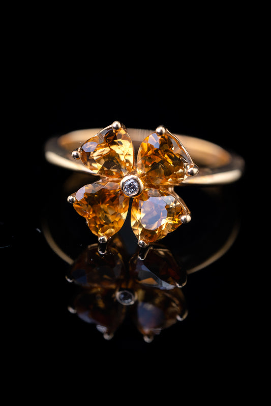 14K Yellow Gold Citrine & Diamond Flower Ring, 0.001 CTW, Size 6.25
