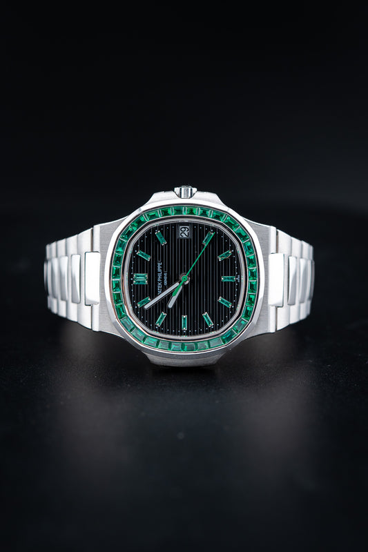 Patek Philippe Nautilus 5711 – Custom Black Dial with Emerald Markers & Emerald Bezel – Pre-Owned Watch Only
