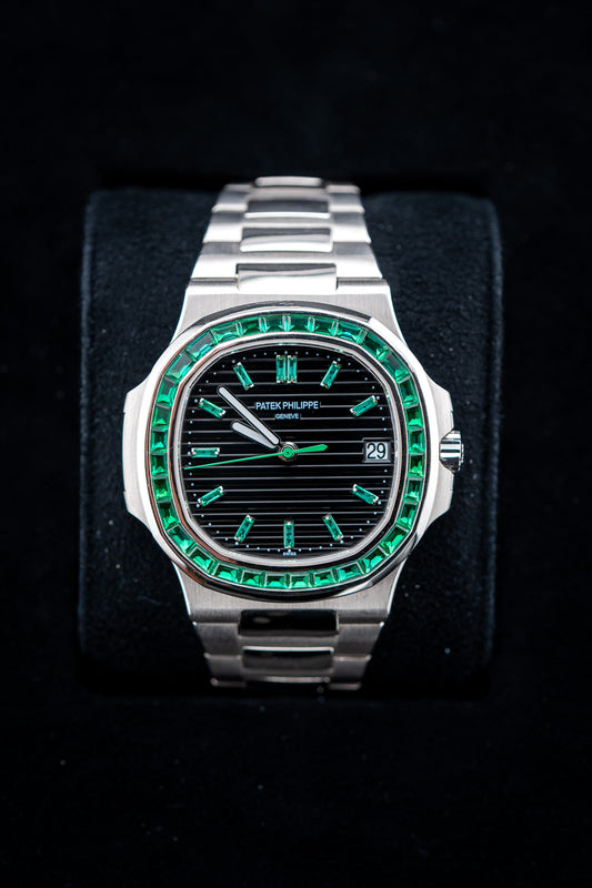 Patek Philippe Nautilus 5711 – Custom Black Dial with Emerald Markers & Emerald Bezel – Pre-Owned Watch Only
