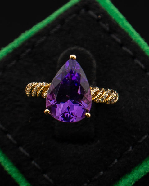 10K Yellow Gold Pear Amethyst Ring with Diamond Accents Size 6.75