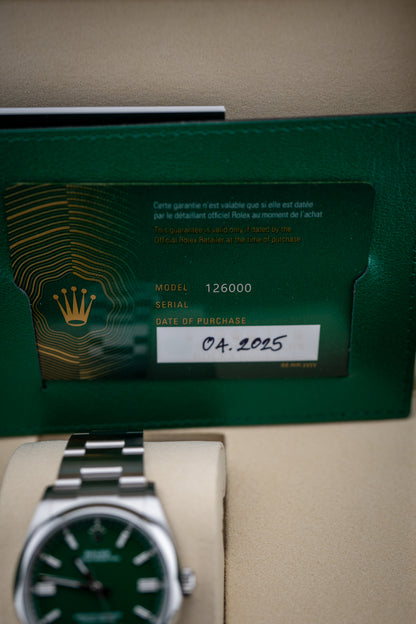 2025 Rolex Oyster Perpetual 36 – Green Dial – Ref. 126000 – Brand New – Complete Set