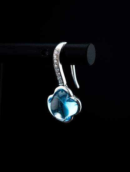 18K White Gold Hulchi Belluni Blue Topaz Flower Drop Earrings with Diamonds – 0.08 CTW