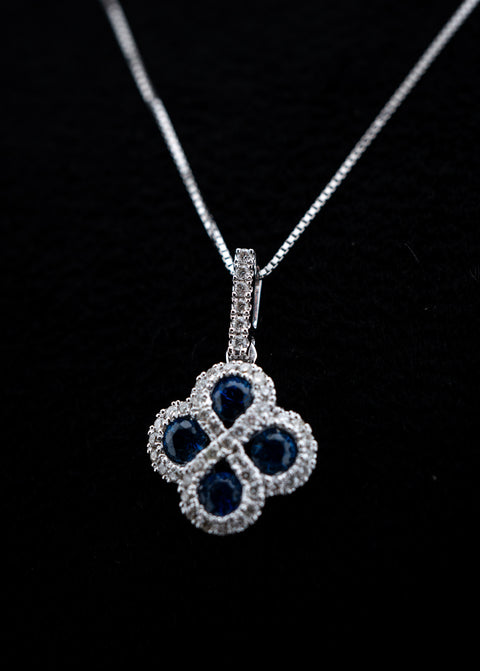 14K White Gold Blue Sapphire & Diamond Flower Motif Pendant Set – 0.25 CTW