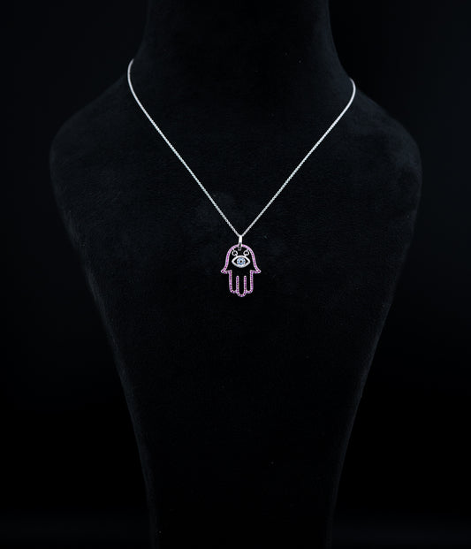 Hulchi Belluni Hamsa Evil Eye Necklace – 18K Gold – Pink & Blue Sapphire with Diamond Accents