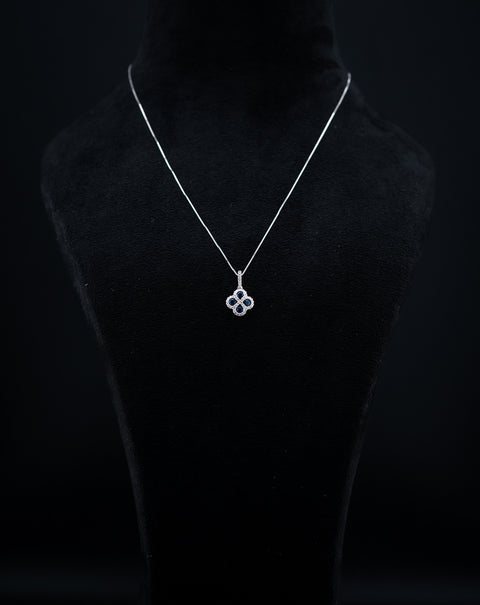 14K White Gold Blue Sapphire & Diamond Flower Motif Pendant Set – 0.25 CTW