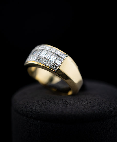 18K Yellow Gold Rectangular & Princess Cut Natural Diamond Ring