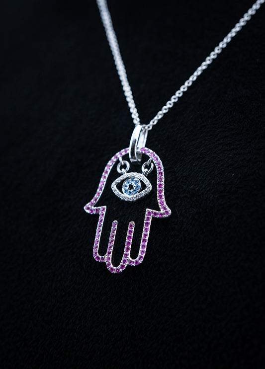Hulchi Belluni Hamsa Evil Eye Necklace – 18K Gold – Pink & Blue Sapphire with Diamond Accents
