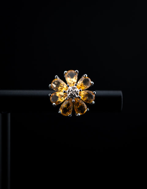 10K White Gold Citrine Flower and Diamond Stud Earrings – 0.25 CTW