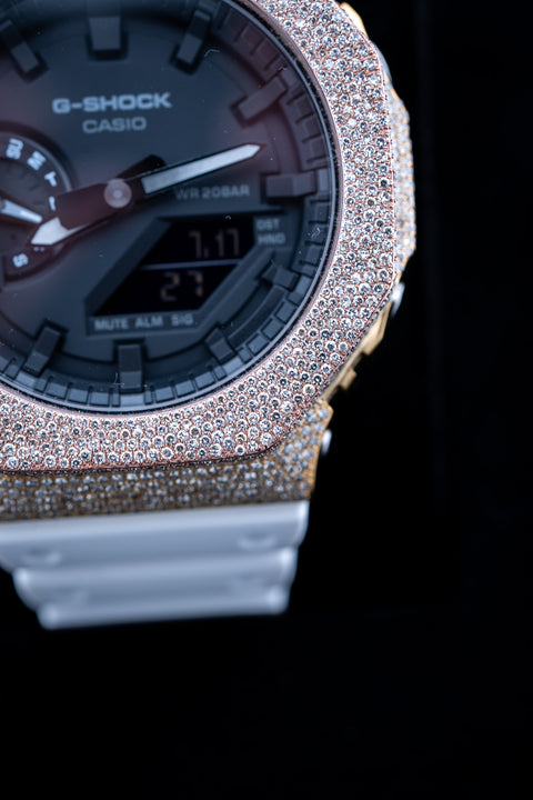 Two-Tone Iced Out G-Shock – Yellow & Rose Gold | White Strap | Black Dial