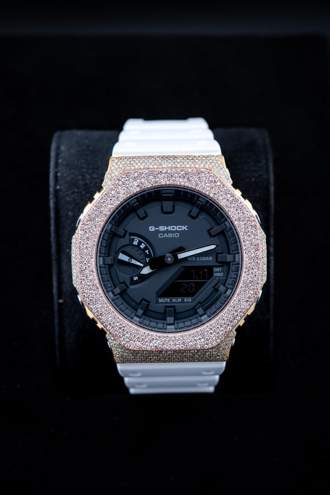 Two-Tone Iced Out G-Shock – Yellow & Rose Gold | White Strap | Black Dial