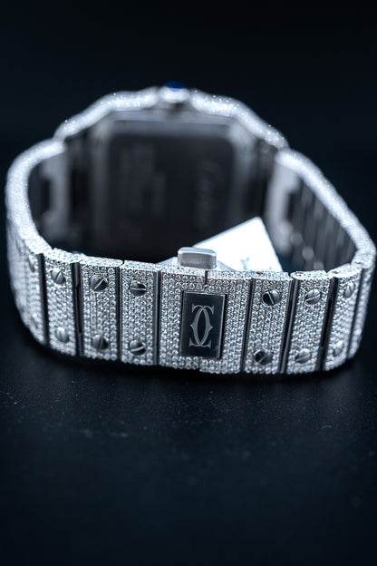 Cartier Santos Medium – Stainless Steel – Custom Iced Out with Natural VS+ Diamonds (D–F Color) – Brand New Complete Set