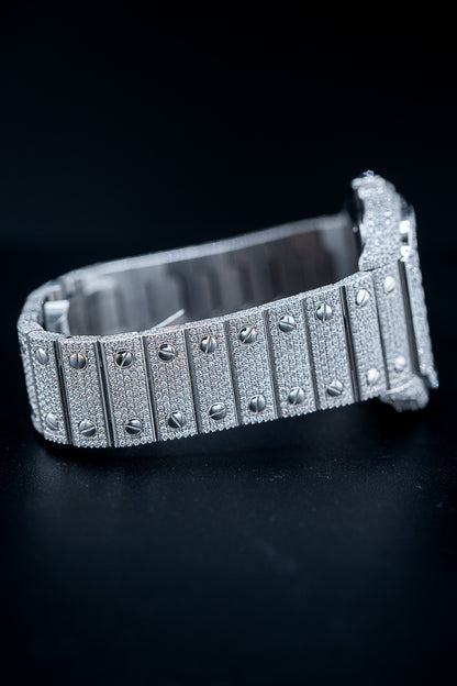 Cartier Santos Medium – Stainless Steel – Custom Iced Out with Natural VS+ Diamonds (D–F Color) – Brand New Complete Set