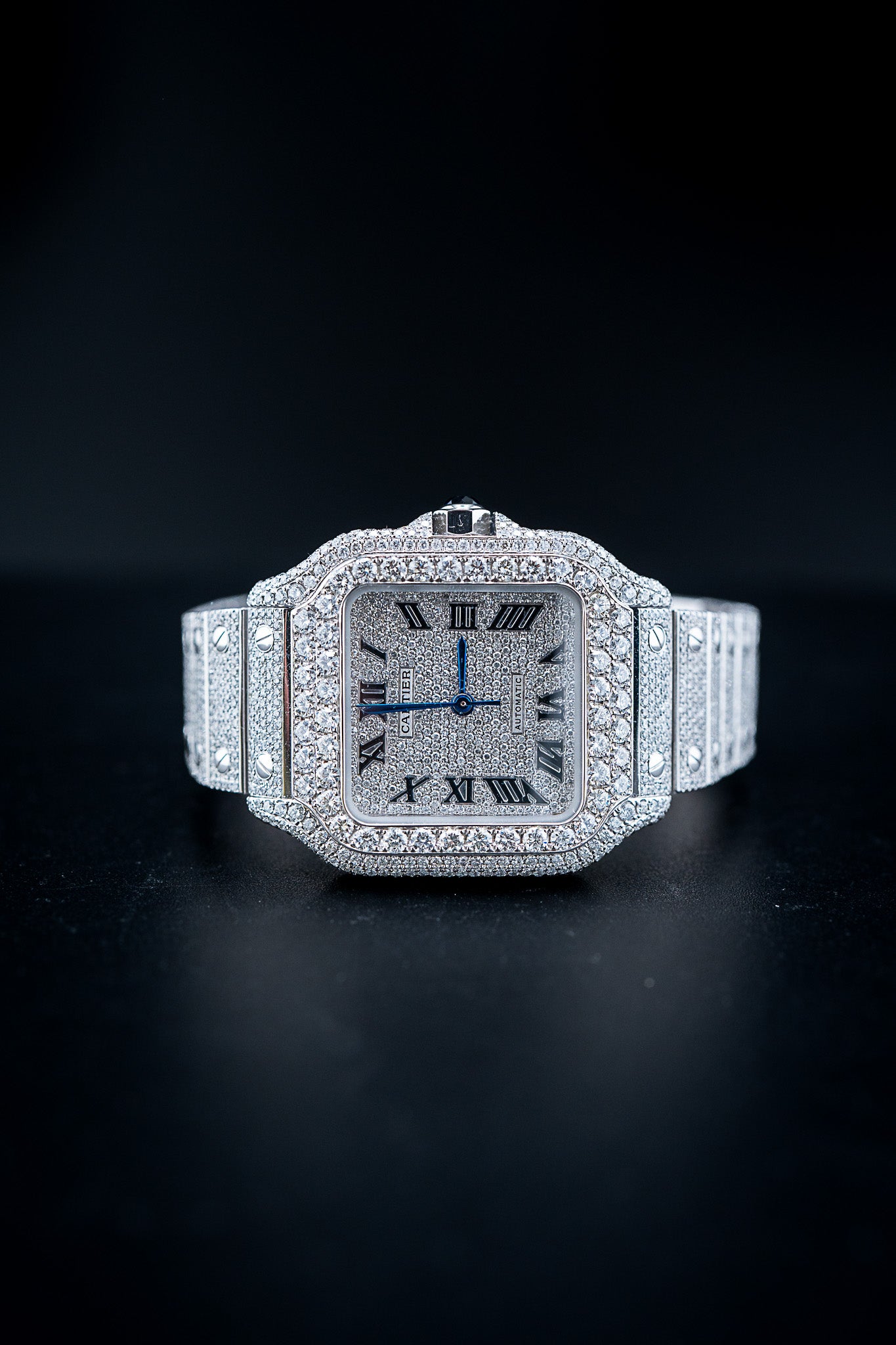 Cartier Santos Medium – Stainless Steel – Custom Iced Out with Natural VS+ Diamonds (D–F Color) – Brand New Complete Set