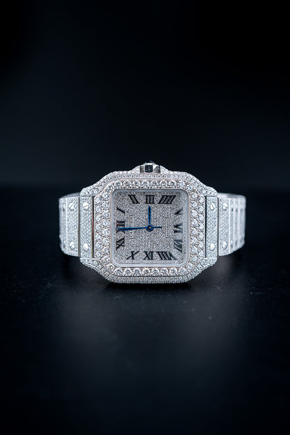 Cartier Santos Medium – Stainless Steel – Custom Iced Out with Natural VS+ Diamonds (D–F Color) – Brand New Complete Set