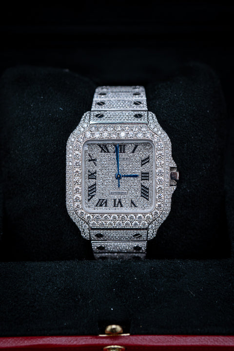 Cartier Santos Medium – Stainless Steel – Custom Iced Out with Natural VS+ Diamonds (D–F Color) – Brand New Complete Set