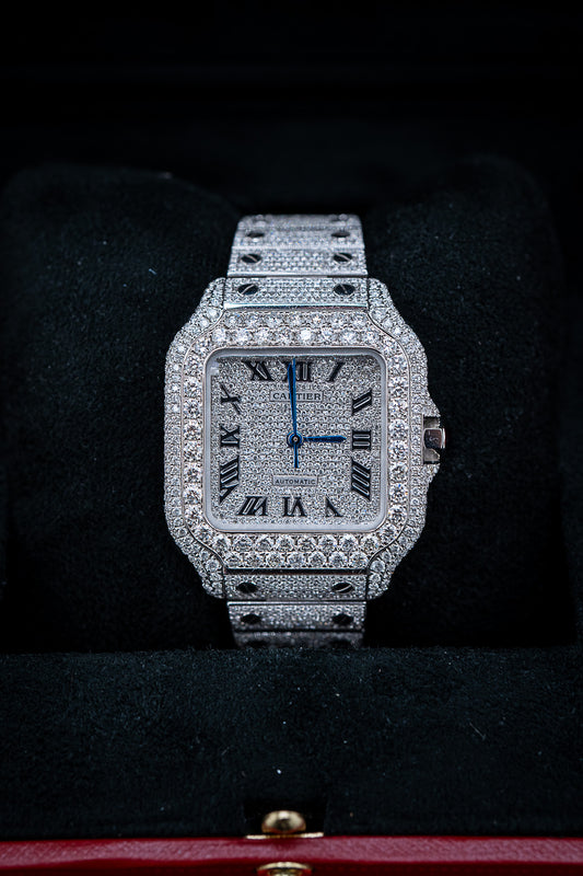 Cartier Santos Medium – Stainless Steel – Custom Iced Out with Natural VS+ Diamonds (D–F Color) – Brand New Complete Set