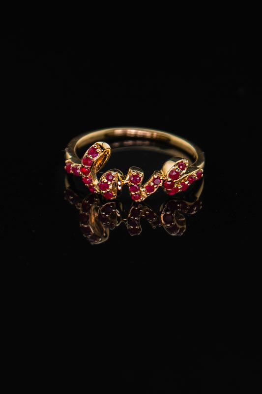 14K Yellow Gold Ruby "LOVE" Script Ring Sz 7