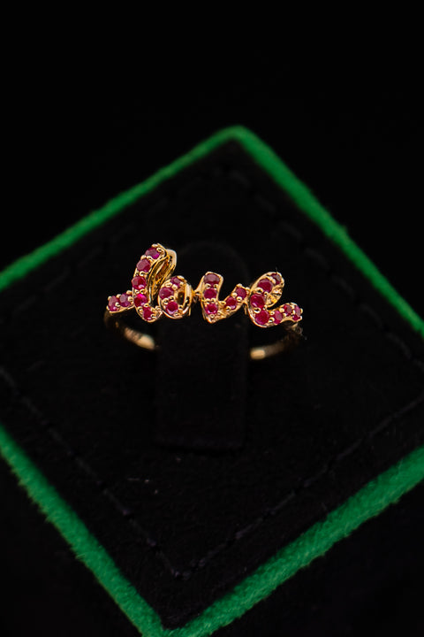14K Yellow Gold Ruby "LOVE" Script Ring Size 7