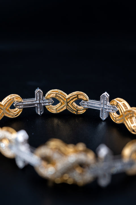 10K Yellow & White Gold Infinity Cross Bracelet – 7.09 CTW Natural Diamonds – Size 8 – 30.3g