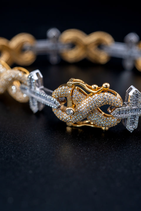 10K Yellow & White Gold Infinity Cross Bracelet – 7.09 CTW Natural Diamonds – Size 8 – 30.3g