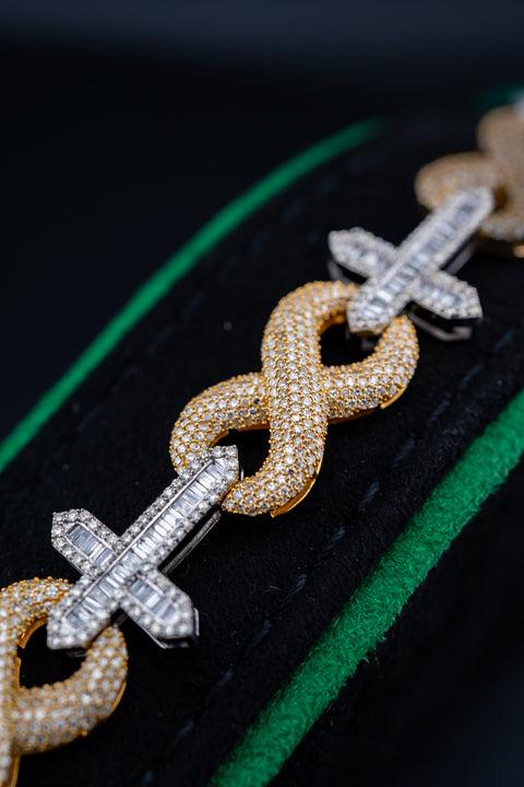 10K Yellow & White Gold Infinity Cross Bracelet – 7.09 CTW Natural Diamonds – Size 8 – 30.3g