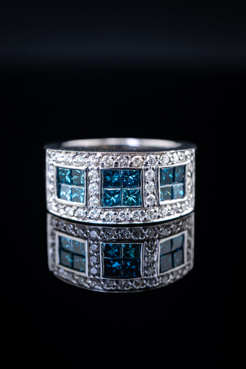 14K White Gold Pavé Blue Diamond Set Ring, 2.60 CTW, Size 6