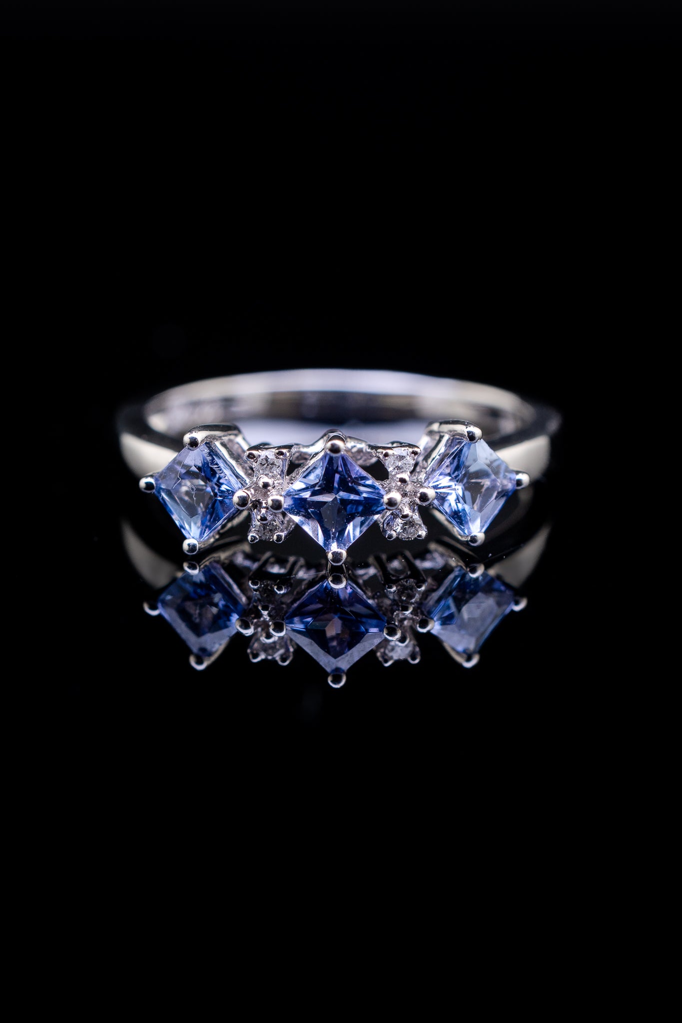14K White Gold Tanzanite and Diamond Band Ring, 0.05 CTW, Size 7