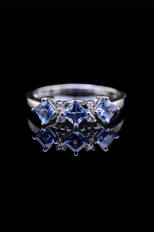 14K White Gold Tanzanite and Diamond Band Ring, 0.05 CTW, Size 7