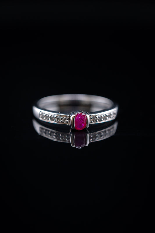 14K White Gold Ruby Center Stone & Diamond Ring, 0.15 CTW, Size 6.75
