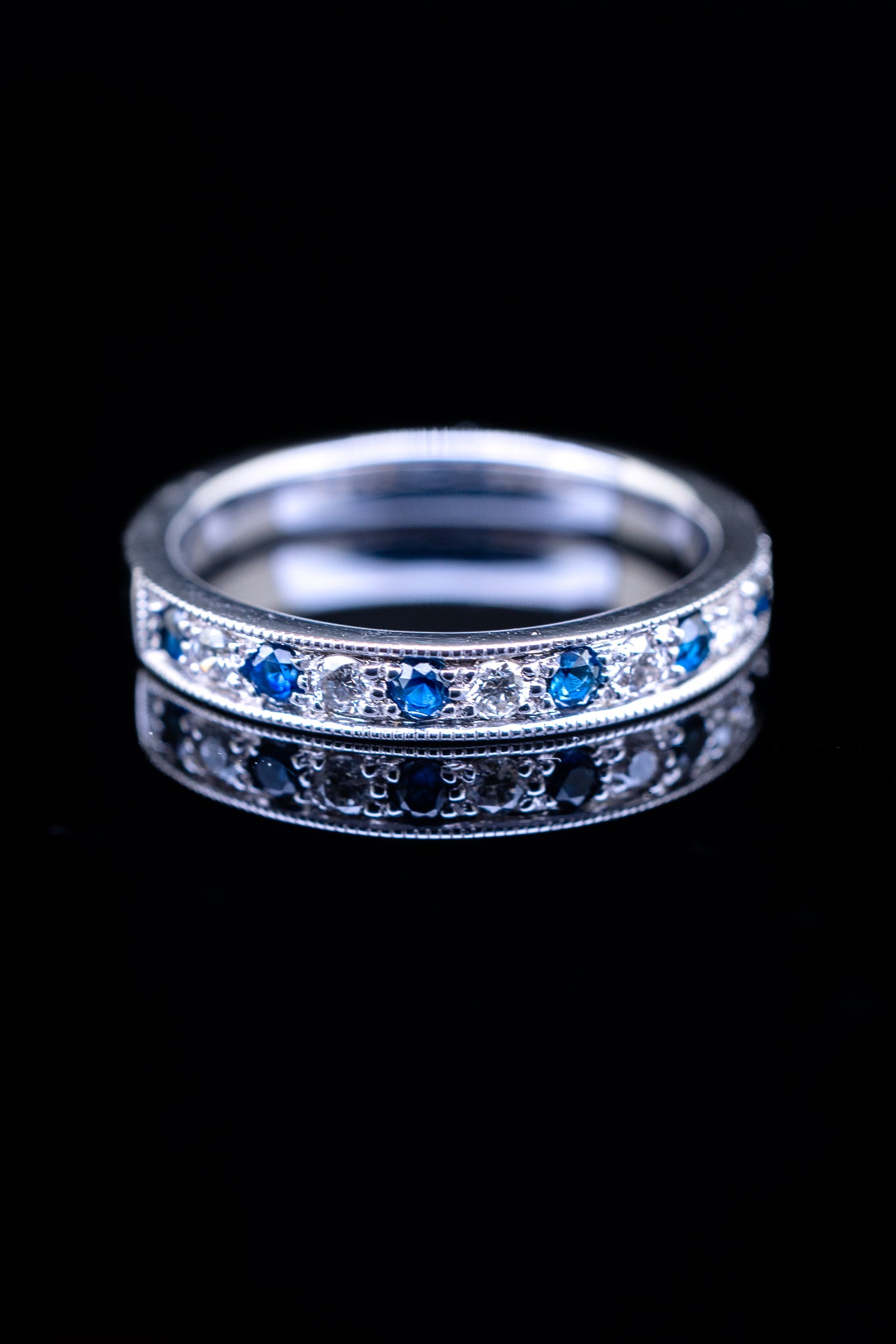 14K White Gold Blue Sapphire & Diamond Alternating Ring, 0.20 CTW, Size 6.25