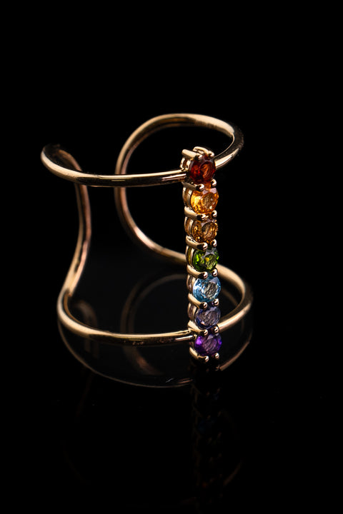14k Yellow Gold Rainbow Sapphire Chakra Adjustable Ring Size 7