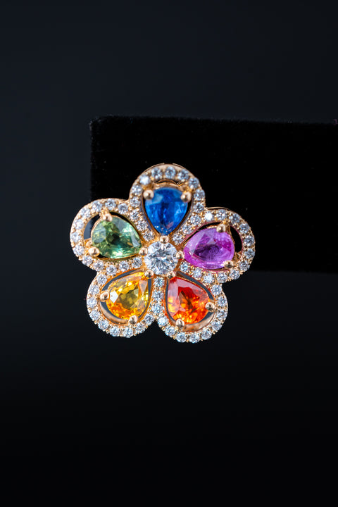 14K Yellow Gold Natural Rainbow Sapphire & Diamond Flower Stud Earrings – 3.62ct Sapphire / 0.79ct Diamonds