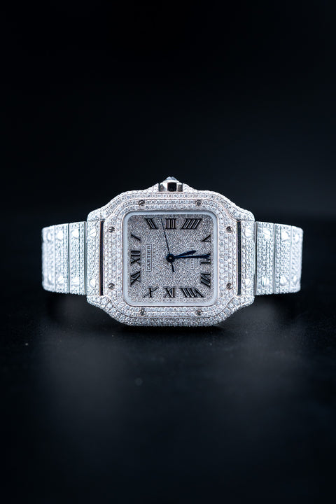 Brand New Cartier Santos Medium – Fully Iced Out – 13.00 CTW Natural VS Diamonds – Complete Set