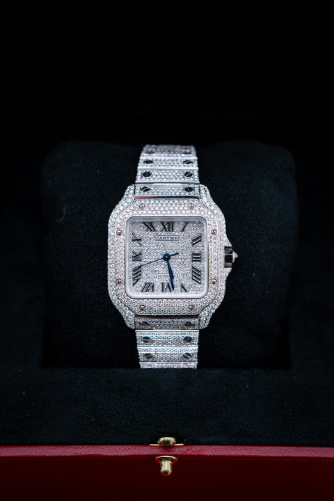 Brand New Cartier Santos Medium – Fully Iced Out – 13.00 CTW Natural VS Diamonds – Complete Set