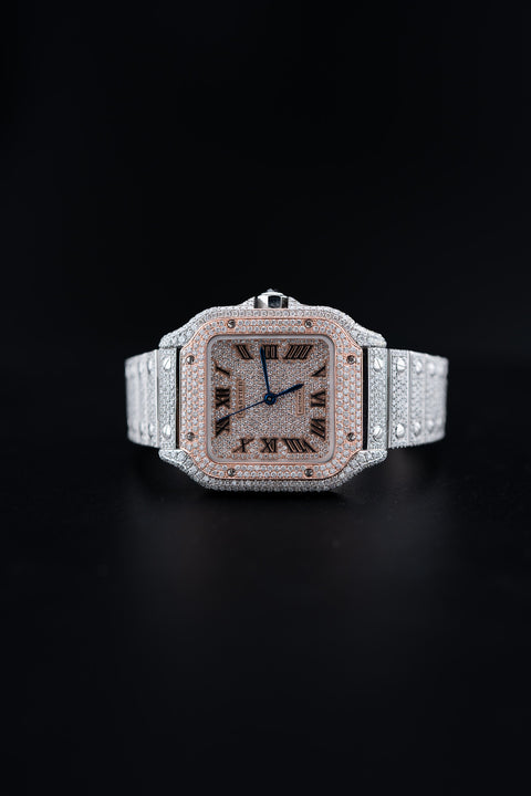 Brand New Cartier Santos Medium – Two-Tone Rose Gold – Fully Iced Out – 13.00 CTW Natural VS Diamonds – Complete Set