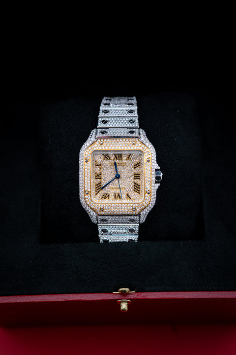 Brand New Cartier Santos Medium – Two-Tone Yellow Gold – Fully Iced Out – 13.00 CTW Natural VS Diamonds – Complete Set